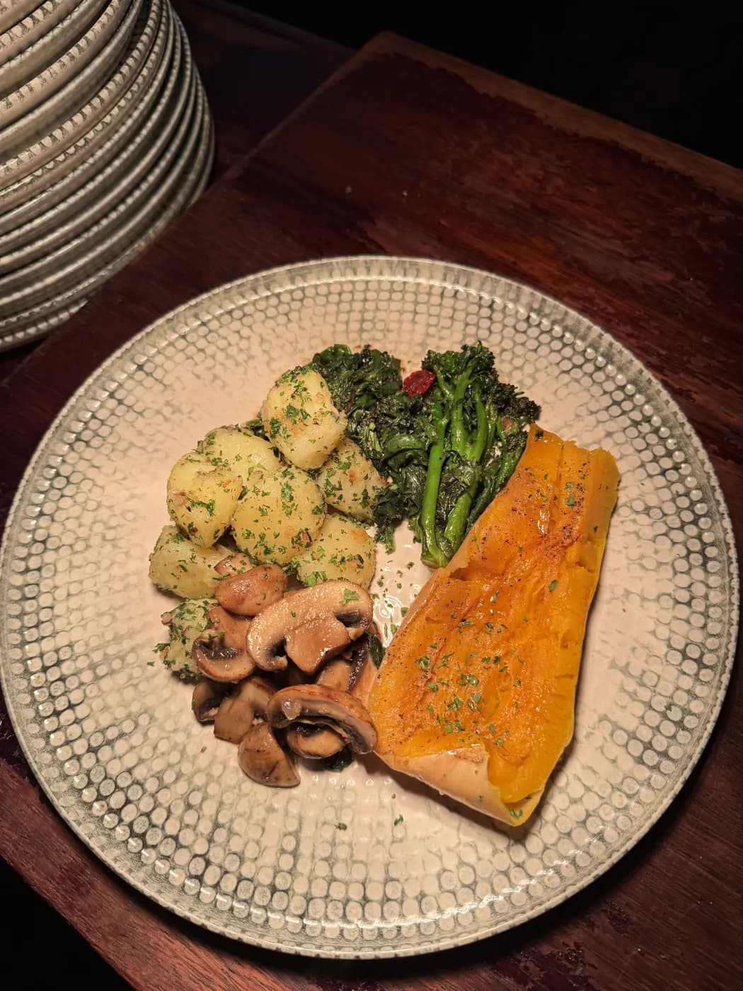 Fish with herb potatoes and greens